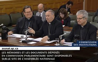 Cardinal Lacroix, Mgr Paul Lortie et Mgr Chrisian Lépine présentant, le 26 octobre 2016, à Québec devant la Commission des Institutions, son mémoire sur le projet de loi 62, portant sur la neutralité religieuse.