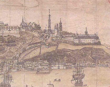 Québec comme il se voit de l`est par Jean-Baptiste-Louis Franquelin, 1688 (Service historique de la Marine, Vincennes) <br />Les édifices du SME se trouvent à droite