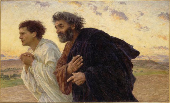 Pierre et l'autre disciple, Jean, courant au tombeau de Jésus le matin de Pâques (Jean 20, 3-4). Huile sur toile peinte en 1898 par Eugène Burnand, peintre réaliste suisse (1850-1921) qui est un contemporain de Monet et Van Gogh. On peut la voir au musée d’Orsay à Paris. Domaine public. Pierre et l'autre disciple, Jean, courant au tombeau de Jésus le matin de Pâques (Jean 20, 3-4). Huile sur toile peinte en 1898 par Eugène Burnand, peintre réaliste suisse (1850-1921) qui est un contemporain de Monet et Van Gogh. On peut la voir au musée d’Orsay à Paris. Domaine public.