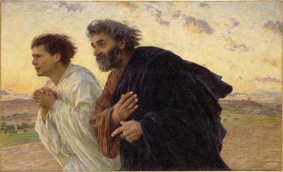 Pierre et l'autre disciple, Jean, courant au tombeau de Jésus le matin de Pâques (Jean 20, 3-4). Huile sur toile peinte en 1898 par Eugène Burnand, peintre réaliste suisse (1850-1921) qui est un contemporain de Monet et Van Gogh. On peut la voir au musée d’Orsay à Paris. Domaine public.