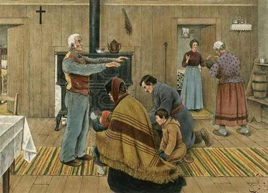 "La bénédiction du jour de l'An" par Edmond-Joseph Massicotte 1912. Massicotte y a représenté le père de famille donnant sa bénédiction le premier de l'An, une tradition québécoise qui est aujourd'hui en perte de vitesse pour ne pas dire presque disparue..