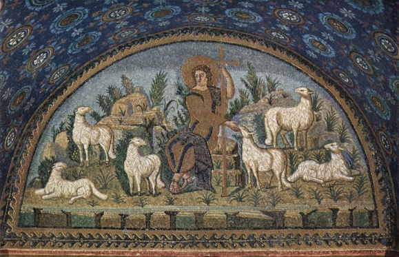 Mosaïque du Bon Pasteur (425-450) Mausolée de Galla Placidia, lunette nord, Ravenne en Italie. (Crédits photo : Wikipedia Commons) Mosaïque du Bon Pasteur (425-450) Mausolée de Galla Placidia, lunette nord, Ravenne en Italie. (Crédits photo : Wikipedia Commons)