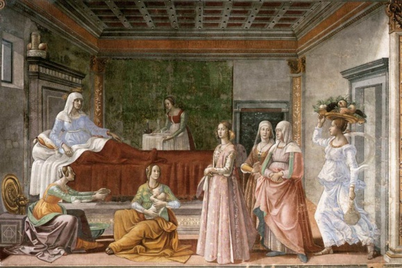 La naissance de saint Jean-Baptiste par Domenico Ghirlandaio  (1448–1494)  Domaine public via Wikimedia Commons