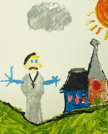 Dessin d'un enfant du primaire représentant François de Laval en attitude d`accueil les bras étendus et son Église naissante ensoleillée par la Parole de Dieu.