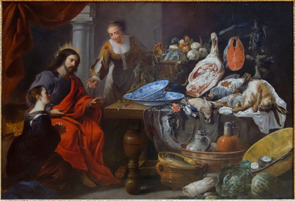 Jésus chez Marthe et Marie par Érasme II Quellin  (1607–1678) et Jan Fyt  (1611–1661)   entre 1650 et 1675 au Palais des Beaux-Arts de Lille (Crédits photo : Domaine public via Wikimedia Commons)