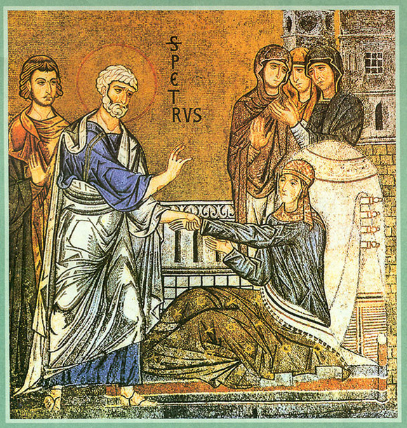 Guérison de Talitha a Joppée par saint Pierre racontée dans Actes 9, 36 et ss.