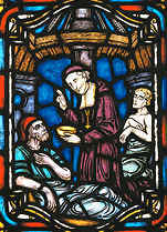 François de Laval auprès des pauvres. Vitrail de la Salle des prêtres au Pavillon Jean-Olivier-Briand du Séminaire de QUébec. François de Laval auprès des pauvres. Vitrail de la Salle des prêtres au Pavillon Jean-Olivier-Briand du Séminaire de QUébec.