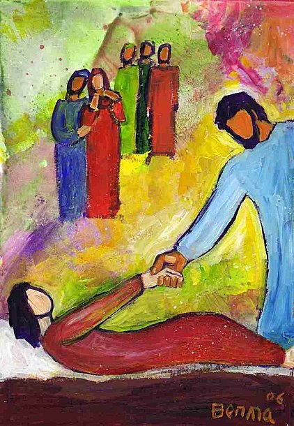 Jésus et la fille de Jaïre (Crédits photo : Bernadette Lopez, alias Berna dans Évangile et peinture) Jésus et la fille de Jaïre (Crédits photo : Bernadette Lopez, alias Berna dans Évangile et peinture)