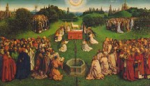 Retable de l`Agneau mystique à Gand, un polyptyque de l'Adoration de l'Agneau d`après le livre de l`Apocalypse réalisé par les frères van Eyck et achevé en 1432. Conservé dans la cathédrale Saint-Bavon de Gand (Belgique).