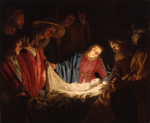 L'adoration des bergers par Gerard van Honthorst  (1592–1656) (tableau vers 1622) Domaine  public via Wikimedia Commons