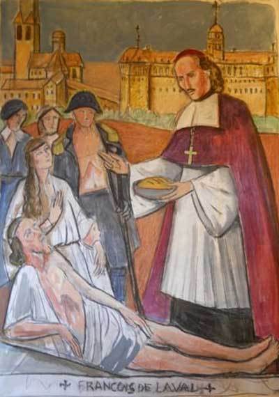 Esquisse d'un bas-relief au Prytanée de La Flèche : François de Laval servant les pauvres (Photo Eglise Saint-Louis du Prytanée militaire, La Flèche - autrefois collège jésuite de La Flêche en France où saint François de Laval a étudié )  Oeuvre sur bois de Jacques Sergeff, 2013 - Avec autorisation