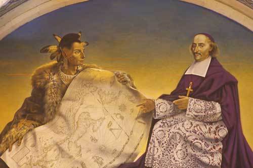 Très belle fresque de Marius Dubois en 2005 illustrant les visites pastorales de l’immense diocèse de François de Laval et sa proximité avec les autochtones. Cette fresque se trouve dans la chapelle de l’Immaculée Conception du sanctuaire de Sainte-Anne-de-Beaupré près de Québec. (Crédits Photo Daniel Abel) Très belle fresque de Marius Dubois en 2005 illustrant les visites pastorales de l’immense diocèse de François de Laval et sa proximité avec les autochtones. Cette fresque se trouve dans la chapelle de l’Immaculée Conception du sanctuaire de Sainte-Anne-de-Beaupré près de Québec. (Crédits Photo Daniel Abel)