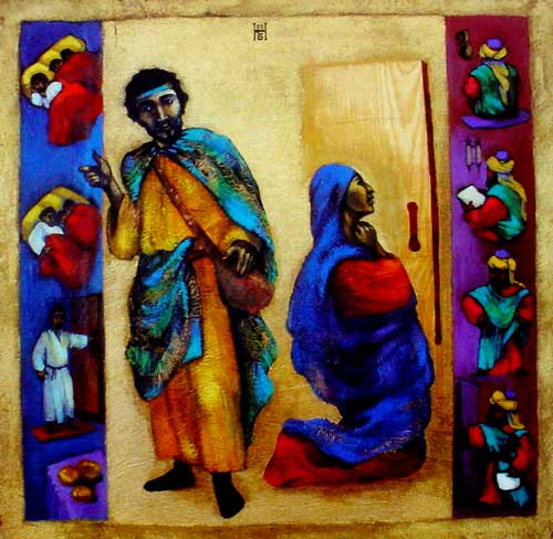 "The Widow and the Judge" Crédits photo : Nelly Bube. Il est né en 1949 à  Karaganda au Kazakhstan et il est résidant maintenant aux États-Unis. Depuis 2000, Bube illustre des scènes de la Bible dont, entre autres, 40 paraboles des évangiles. Domaine public.
