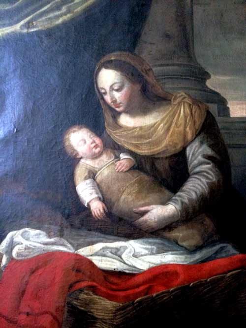 La Vierge et l'Enfant sous le thème : Sommeil de l'Enfant Jésus dans les bras de sa Mère - École de Maratta, Carlo Maratta ou Carlo Maratti (Camerano, 15 mai 1625 – Rome, 15 décembre 1713) L'atelier romain de Maratta fut extrêmement prolifique et ce tableau en est issu. (Tableau de la collection du Séminaire de Québec Crédits photo H. Giguère)