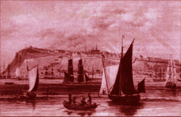 Vue de Québec, gravure de Thomas H. Shepherd. Au premier plan, des barques à voile comme celles que possédait le Séminaire de Québec (Collection privée).