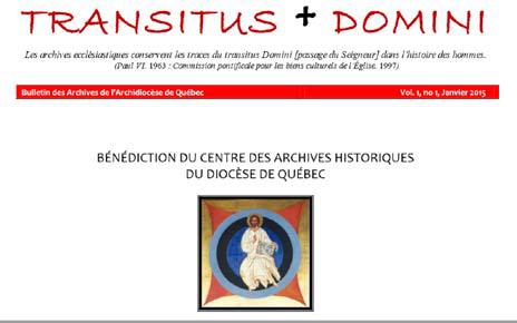 Page frontispice du premier numéro du bulletin TRANSITUS DOMINI des Archives de l'Archidiocèse de Québec