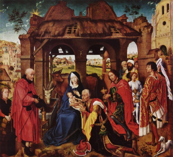 Adoration des mages par Rogier van der Weyden, panneau central du Retable de sainte Colombe, 1444, Munich, Altepinakothek Domaine public via Wikimedia Commons