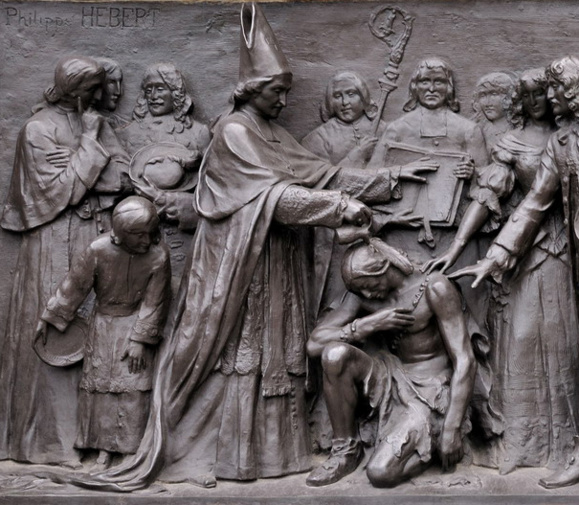 Baptême du chef Garakonthié par Mgr de Laval en 1668 - Détail de la base du monument de Mgr de Laval sur la Côte de la Montagne à Québec (Crédits photo Daniel Abel) Baptême du chef Garakonthié par Mgr de Laval en 1668 - Détail de la base du monument de Mgr de Laval sur la Côte de la Montagne à Québec (Crédits photo Daniel Abel)
