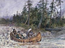 Explorateur et amérindiens en canot