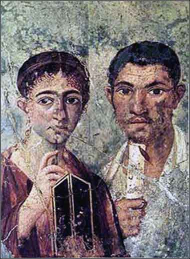 Ancienne fresque murale romaine représentant Prisca (ou selon son diminutif Priscille) et Aquila