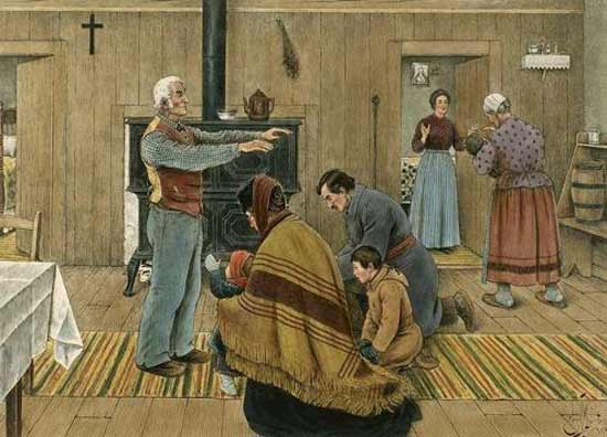 "La bénédiction du jour de l'An" par Edmond-Joseph Massicotte 1912. Massicotte y a représenté le père de famille donnant sa bénédiction le premier de l'An. "La bénédiction du jour de l'An" par Edmond-Joseph Massicotte 1912. Massicotte y a représenté le père de famille donnant sa bénédiction le premier de l'An.