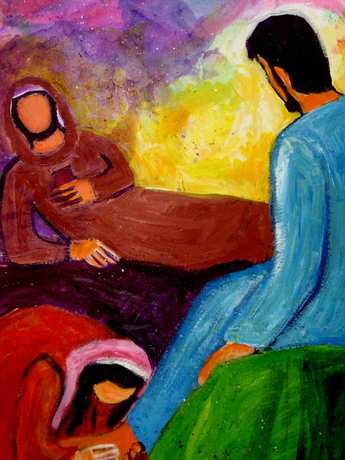 Le pharisien et la pécheresse lavant les pieds de Jésus  (Crédits photo : Bernadette Lopez, alias Berna dans Évangile et peinture )