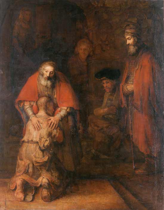 Le Retour du fils prodigue (en néerlandais, « Terugkeer van de Verloren Zoon ») tableau de Rembrandt, peint en 1668 (Domaine public) Le Retour du fils prodigue (en néerlandais, « Terugkeer van de Verloren Zoon ») tableau de Rembrandt, peint en 1668 (Domaine public)