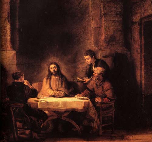 Les Disicples d'Emmaüs est une des plus célèbres œuvres du peintre Rembrandt (1606-1669). Cette œuvre a été peinte en 1648 et se trouve actuellement au Musée du Louvre, à Paris. (Domaine public)