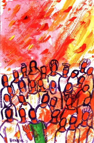 La descente de l'Esprit Saint sur les disciples au Cénacle le jour de la Pentecôte (Crédits photo : Bernadette Lopez, alias Berna dans Évangile et peinture)
