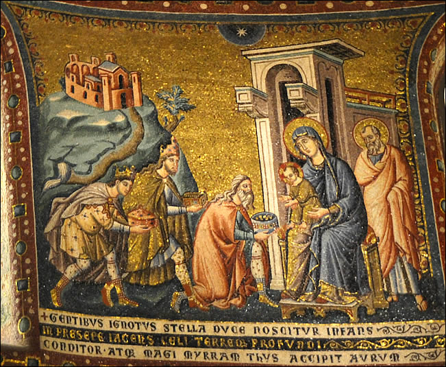 Adoration des mages par Pietro Cavallini (1250 – 1330) : mosaïque à Santa Maria in Trastevere à Rome (Crédits photo : Jean-Paul et Albert L'HUILLIER)