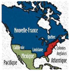 La partie bleue représente le territoire confié à Mgr François de Laval en 1659 qui devint le diocèse de Québec, le premier en Amérique au nord du Mexique, en 1674.