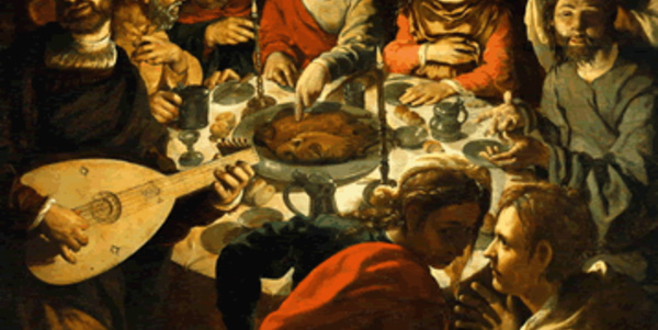 Le Maître au milieu des serviteurs : "c’est lui qui, la ceinture autour des reins, les fera prendre place à table et passera pour les servir" (Luc 11, 37) Domaine public