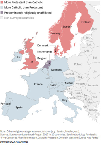 Une enquête de Pew Research Center révéle que les protestants et le catholiques sont de plus en plus proches et que les personnes se disant « sans religion » croissent en Europe