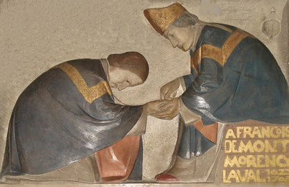 Détail du bas-relief de Henri Charlier (1883-1975) dans l'église Saint-Germain-des-Prés à Paris où François de Laval a été ordonné évêque le 8 décembre 1658 Détail du bas-relief de Henri Charlier (1883-1975) dans l'église Saint-Germain-des-Prés à Paris où François de Laval a été ordonné évêque le 8 décembre 1658