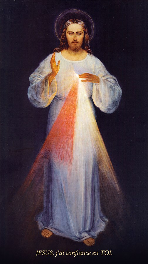 Véritable tableau de Jésus Miséricordieux, par Eugeniusz Kazimirowski en 1934). Le seul qui ait été peint sous les indications de sainte Faustine, contrairement au tableau d'Adolf Hyła peint en 1943 après la mort de sainte Faustine et souvent plus connu. (Crédits photo :  Wikimedia Commons)