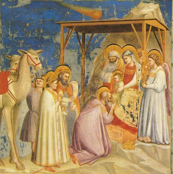 Giotto di Bondone. Adoration des mages. Eglise de l'Arena de Padoue (= chapelle Scrovegni). Fresque, 1303-1306. (Crédits photo : Wikimedia CC. Domaine public)