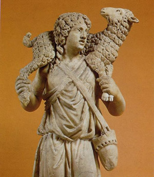 Détail de la statue du bon Pasteur - Statue du 3e siècle venant des Catacombes de Domitille, 39 pouces de haut, conservée au Musée Pio Cristiano du Vatican Détail de la statue du bon Pasteur - Statue du 3e siècle venant des Catacombes de Domitille, 39 pouces de haut, conservée au Musée Pio Cristiano du Vatican