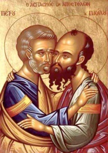 Icône très expressive des saints Pierre et Paul qu'on ne peut séparer comme colonnes de l'Église. Inscription en grec : "o aspasmos ton apostolon" qui signifie "la salutation des apôtres". Icône très expressive des saints Pierre et Paul qu'on ne peut séparer comme colonnes de l'Église. Inscription en grec : "o aspasmos ton apostolon" qui signifie "la salutation des apôtres".