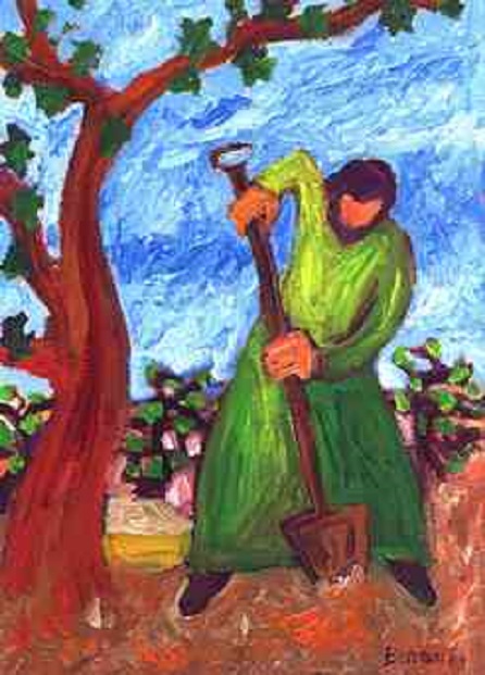 Le figuier stérile : bêcher avec persévérance (Crédits photo : Bernadette Lopez, alias Berna dans Évangile et peinture ) Le figuier stérile : bêcher avec persévérance (Crédits photo : Bernadette Lopez, alias Berna dans Évangile et peinture )