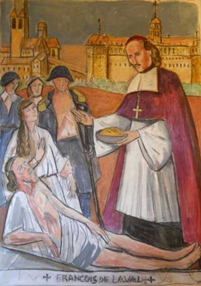 Esquisse d'un bas-relief au Prytanée de La Flèche : François de Laval servant les pauvres (Photo Eglise Saint-Louis du Prytanée militaire, La Flèche - autrefois collège jésuite de La Flêche en France où saint François de Laval a étudié ) Oeuvre sur bois de Jacques Sergeff, 2013 -  Reproduit avec autorisation.