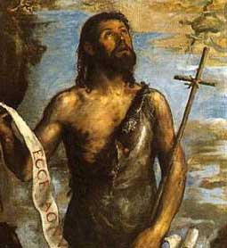 Le précurseur, saint Jean, le Baptiste,  par Tiziano Vecellio, dit le Titien (1489/1490-1576) Huile sur toile – 185 x 114 cm El Escorial, Monastère (Domaine public)