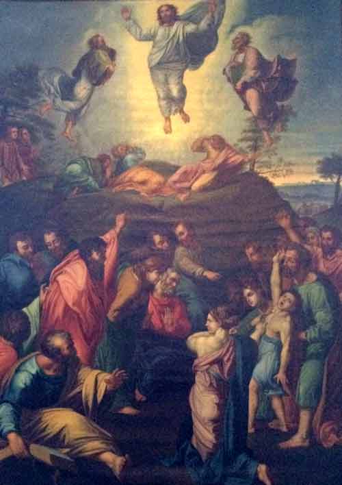 La transfiguration de Jésus sur le mont Thabor représentée dans cette reproduction d'un tableau de Raphaël qui se trouve au Séminaire de Québec est le dernier tableau peint par Raphaël, commencé en 1518, inachevé de sa main en 1520, date de sa mort.   (Crédits photo : H. Giguère)