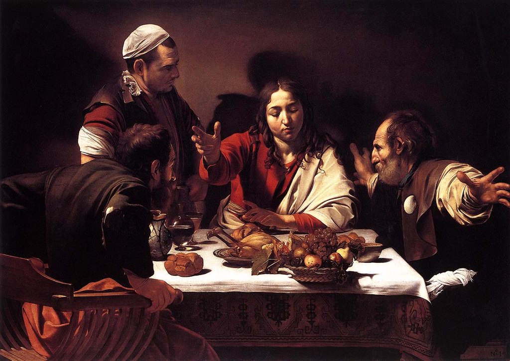 « Ils le reconnurent » Le souper  d'Emmaüs par le Caravage (1571-1610) peint entre 1601-1602 (Crédits photo : Domaine public Wikimedia Commons)