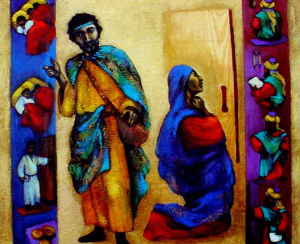 "The Widow and the Judge" Crédits photo : Nelly Bube. Il est né en 1949 à  Karaganda au Kazakhstan et il est résidant maintenant aux États-Unis. Depuis 2000, Bube illustre des scènes de la Bible dont, entre autres, 40 paraboles des évangiles. Domaine public.